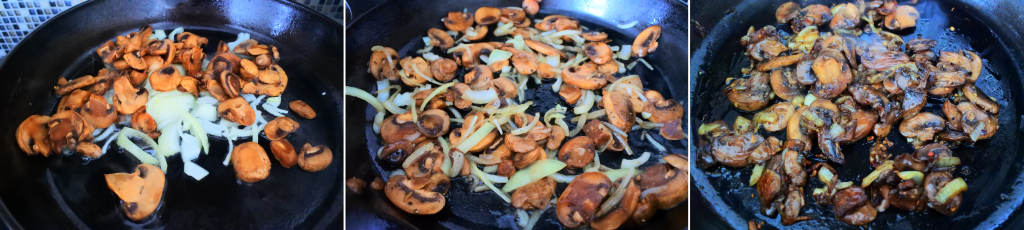 A composite image of mushrooms and onions being caramelized in a skillet