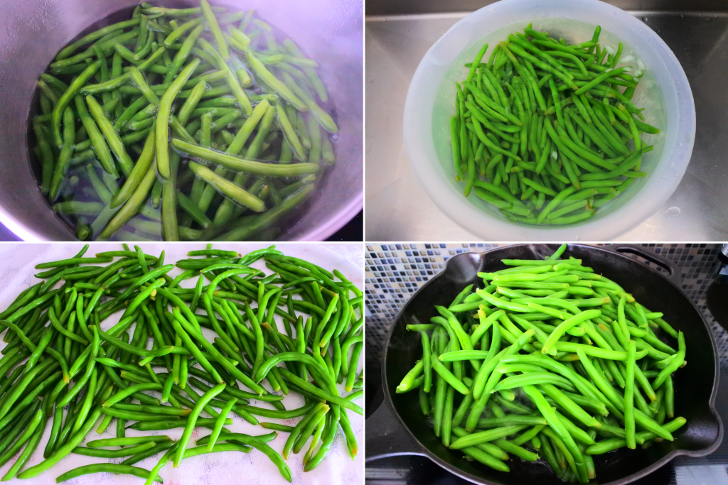 A composite image of green beans being boiled, blanched, dried and fried