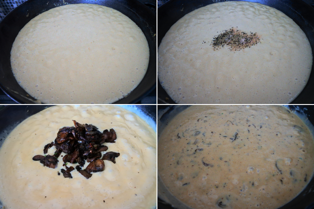 A composite image of a roux sauce being seasoned with salt, pepper and caramelized onion and mushrooms