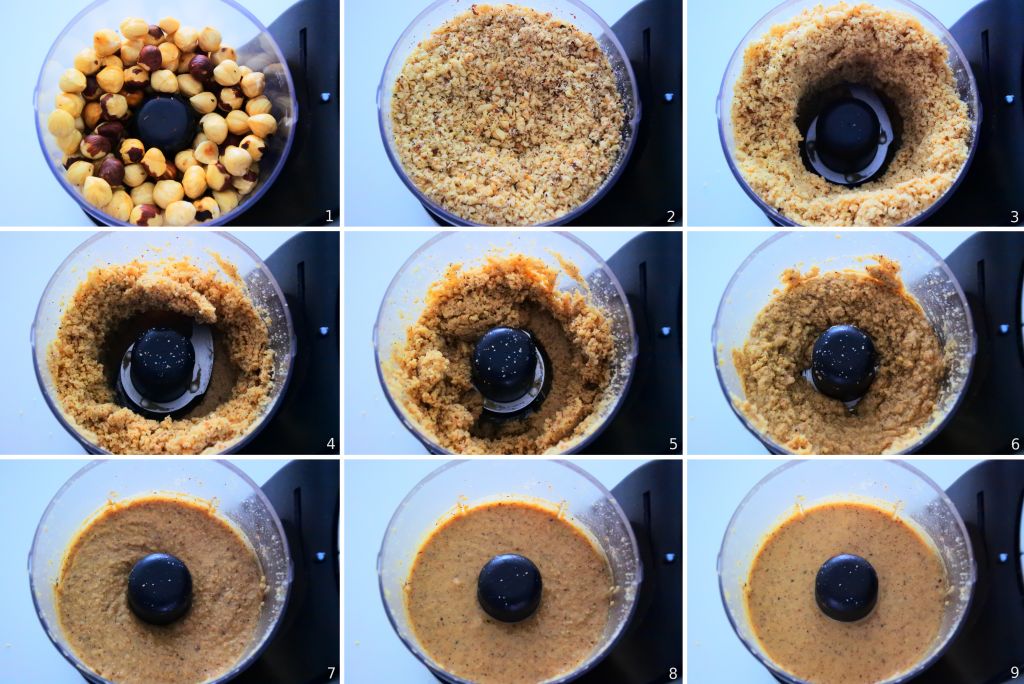 A composite image showing hazelnuts being processed into nut butter