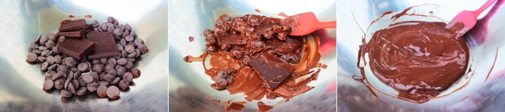 A composite image of dark chocolate being tempered in a double boiler until fully melted