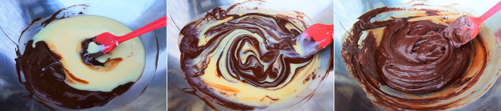 A composite image of condensed milk being added to tempered chocolate and mixed in.