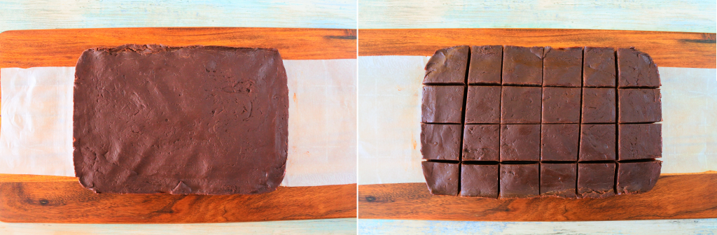 An overhead composite image of set fudge taken out of the container and cut into pieces.
