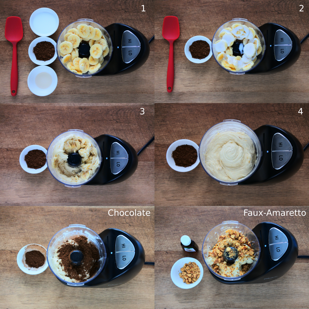 An overhead composite image showing the stages of blending frozen bananas into ice cream