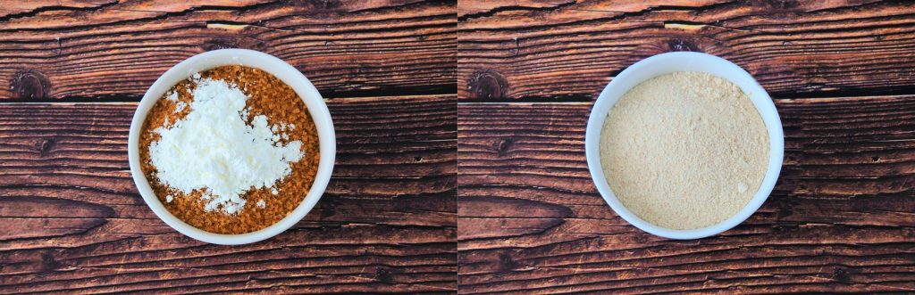 An overhead compiled image of a bowl of raw organic sugar blended with potato starch