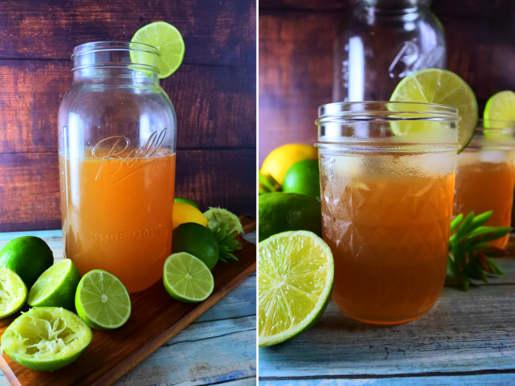 A composite image of limeade in a large mason jar and served in smaller jars garnished with a lime slice and surrounded by fresh limes