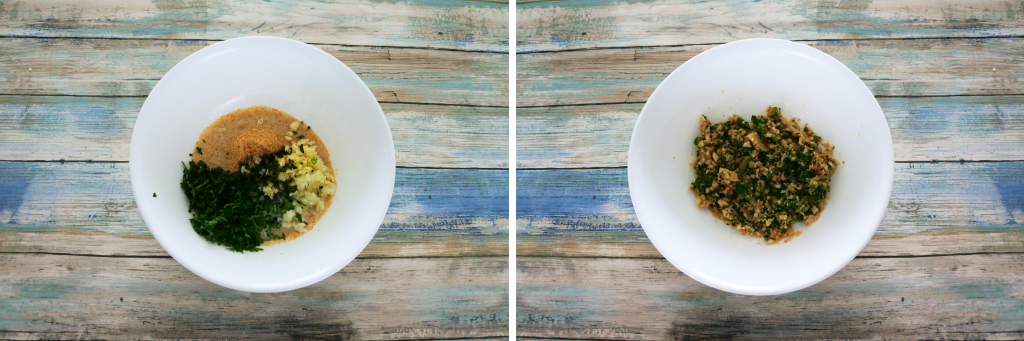 A composite image of a panade being seasoning with fresh herbs and spices