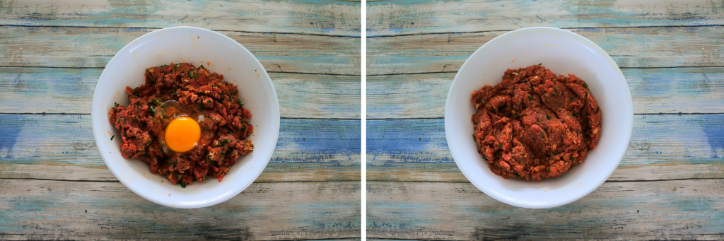 A composite image of an egg being mixed into meatball mixture
