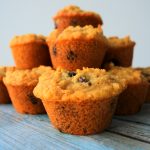 A close up image of a pyramid of chocolate chip mini muffins