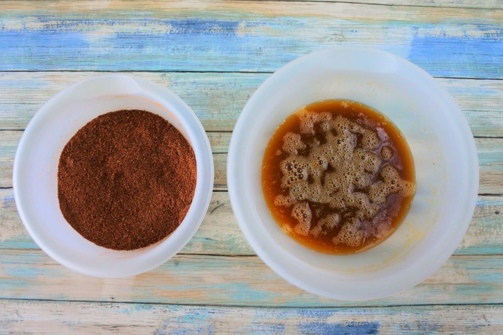 Two bowls of wet and dry ingredients for Double Chocolate Chip Muffins