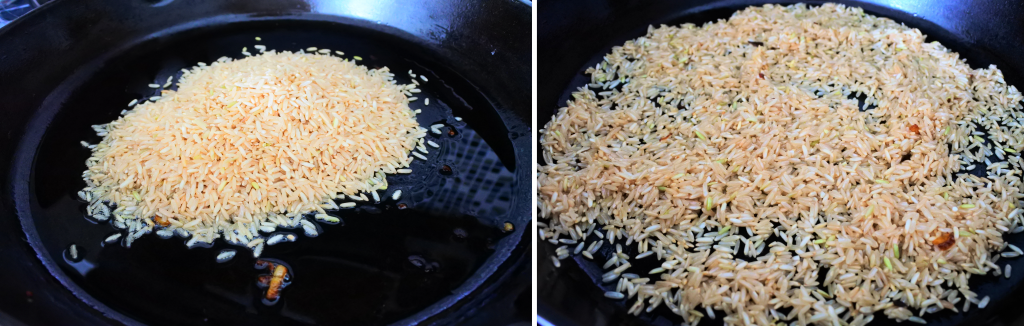 A close up composite image of a skillet with rice added in on the left, and rice toasted on the right.