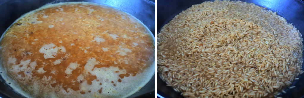A close up composite image of a skillet with toasted rice with broth added in on the left and rice that has absorbed the broth on the right