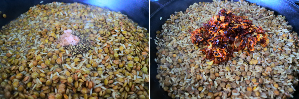 A close up composite image of a skillet with lentils and rice topped with salt and pepper on the left and caramelized onions on the right