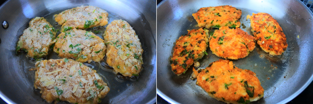 A composite image of herb crusted parmesan chicken cutlets being fried in a pan