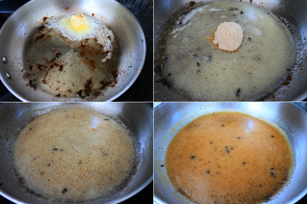 A composite image of a simple lemony gravy being made.