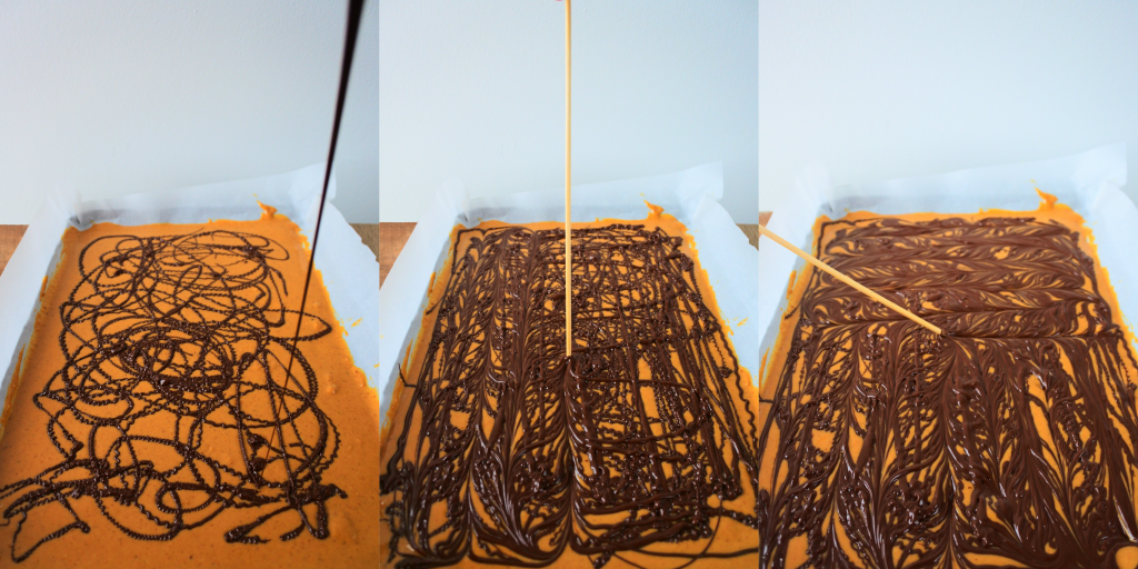 A composite image of a tray of peanut butter with dark chocolate being drizzled over it, an image of a bamboo skewer being dragged through the chocolate in vertical stripes and a bamboo skewer being dragged through the chocolate on the peanut butter in horizontal stripes