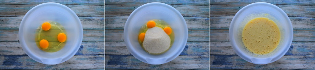 A composite image of a bowl with eggs, and sugar being combined