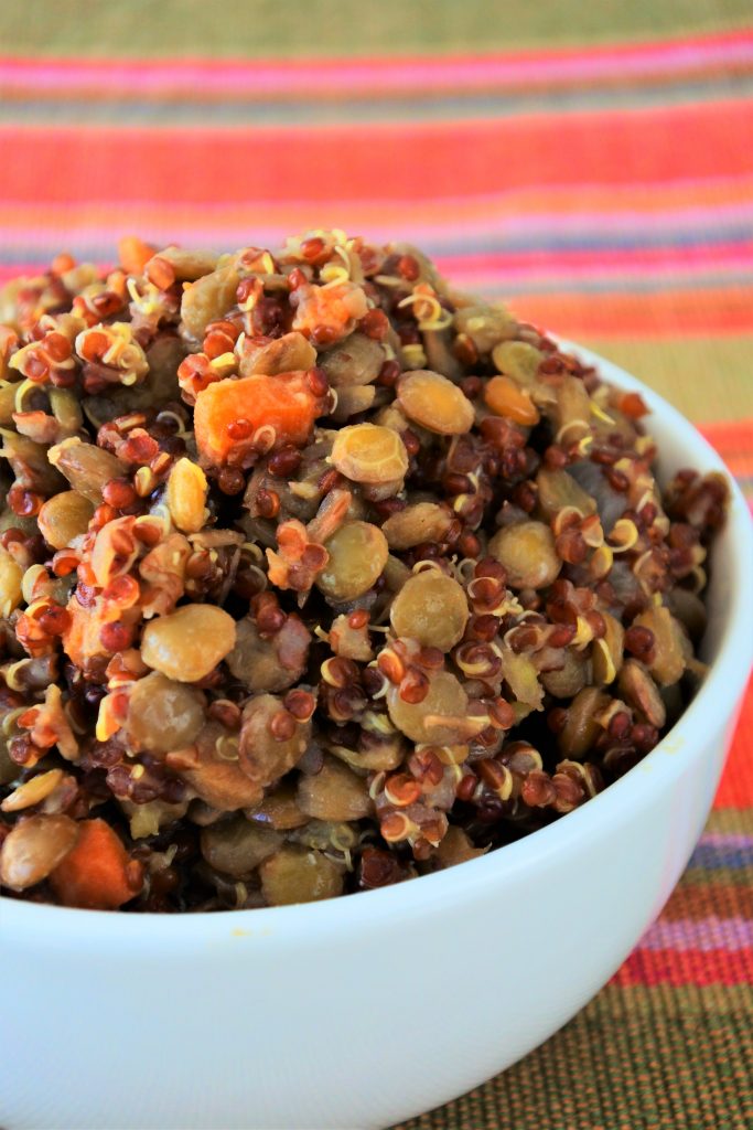 A head on image of a bowl of quinoa and lentil pilaf
