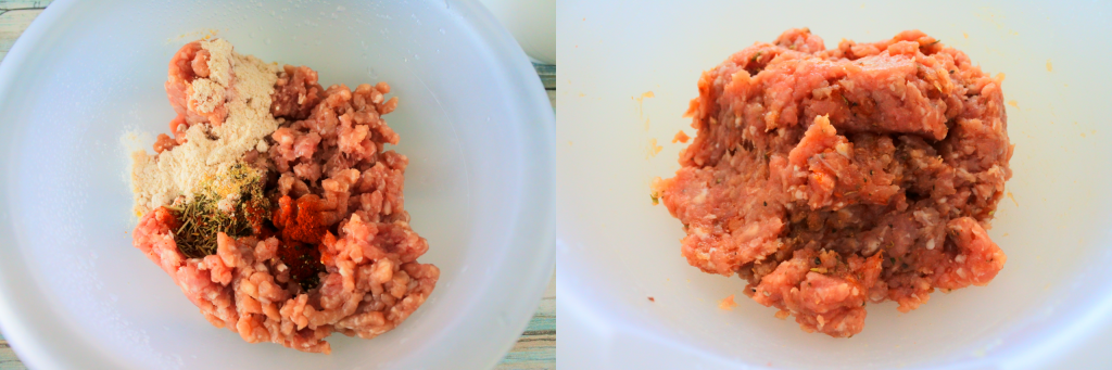 A composite overhead image of ground pork with spices in a bowl (left) and another image of all spices mixed in (right)